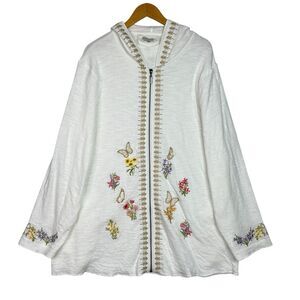 Boho Lagenlook Embroidered Jacket Hoodie Plus 2X White Cotton Floral Butterfly